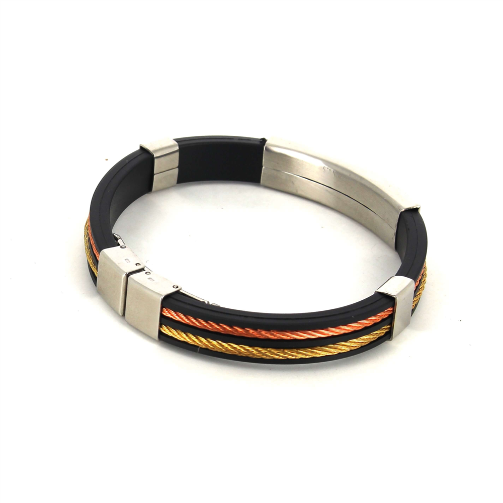 Pulsera Acero y Caucho Negro y Dorado