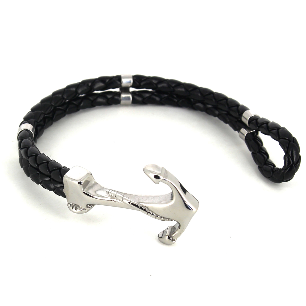 Pulsera Acero y Cuero Negro con Ancla