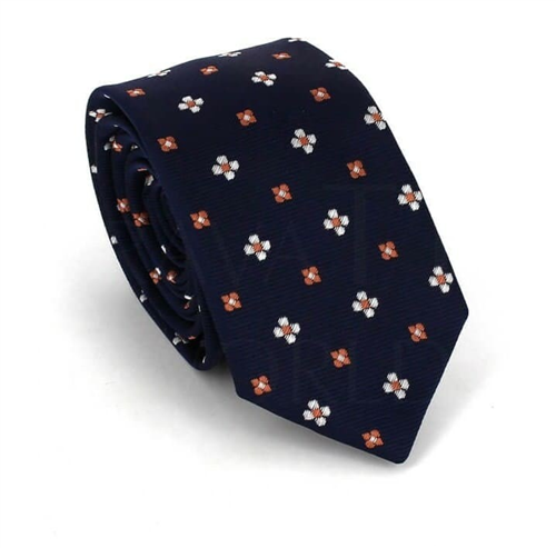 Cravatta Stretta Stampata Floreale Blu Navy