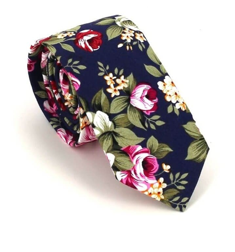 Cravatta Stretta Fiori Blu Navy