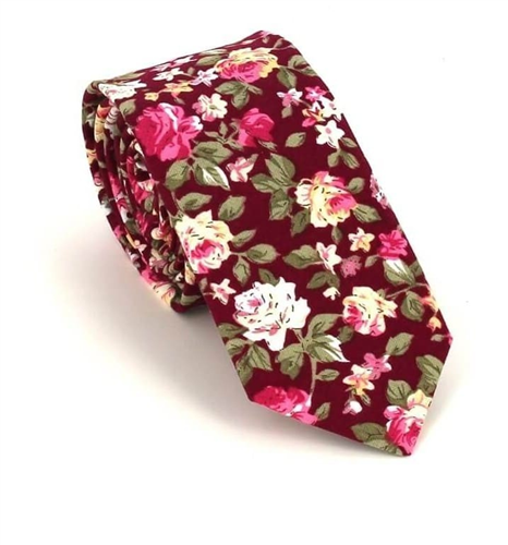 Cravatta Stretta Fiori Bordeaux