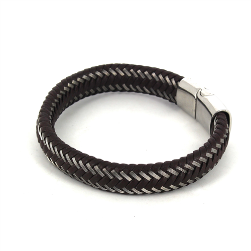 Bracciale in Acciaio Intrecciato in Pelle Marrone