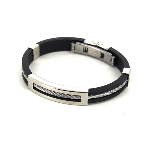 Bracciale in Acciaio e Gomma Nera con Motivo Rettangolare