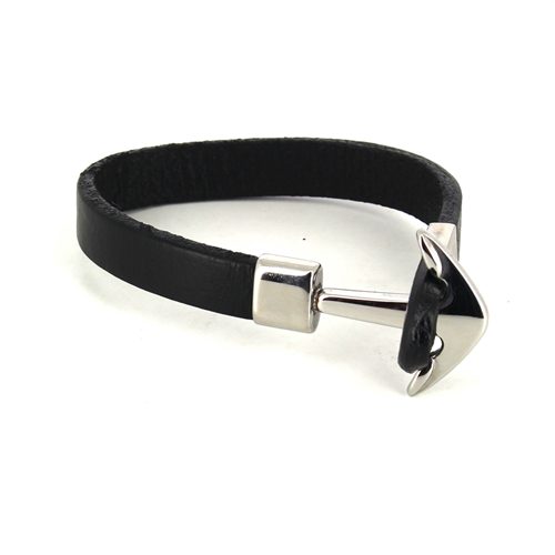 Bracciale in Acciaio e Pelle Nera Liscia con Ancora