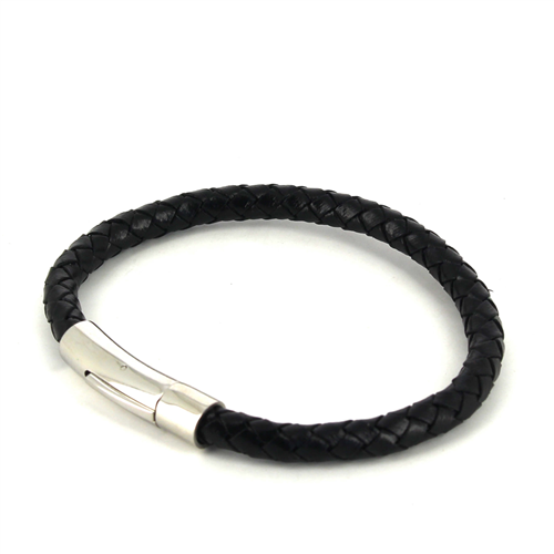 Bracciale in Acciaio e Pelle Nera Cilindrico
