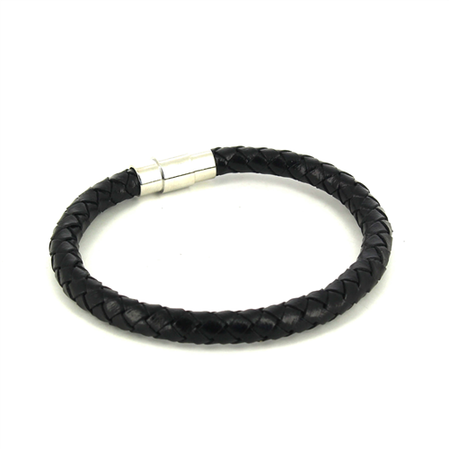 Bracciale in Acciaio e Pelle Nera Cilindrico I
