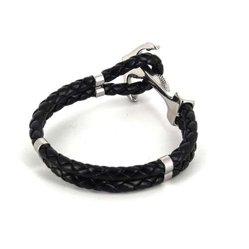 Bracciale in Acciaio e Pelle Nera con Ancora