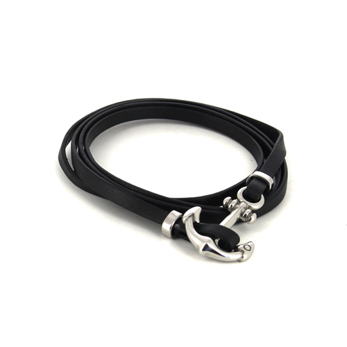 Bracciale in Acciaio e Pelle Nera con Ancora I