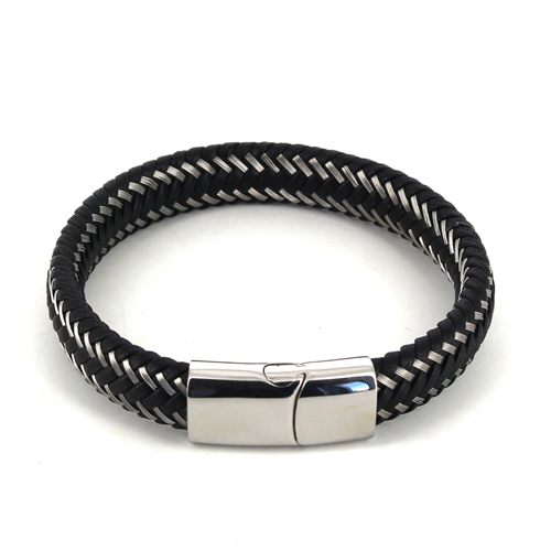 Bracciale in Acciaio e Pelle Nera I