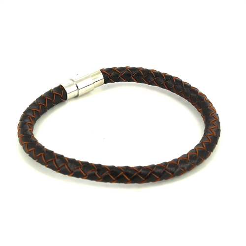 Bracciale in Acciaio e Pelle Nero e Marrone Cilindrico
