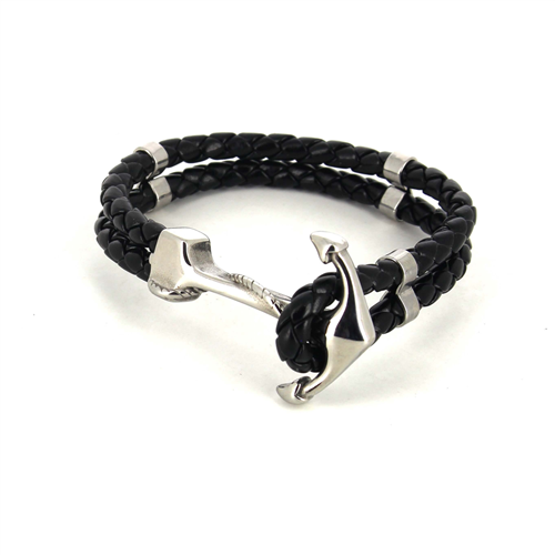 Bracciale in Acciaio e Pelle Intrecciata Nera con Ancora