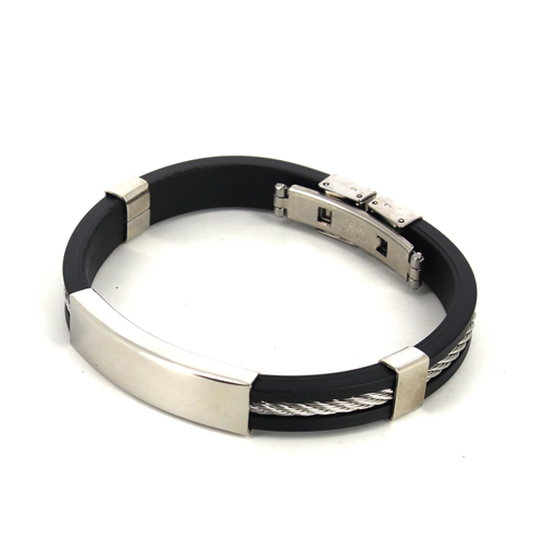 Bracciale in Corda Acciaio e Gomma Nera Motivo Liscio
