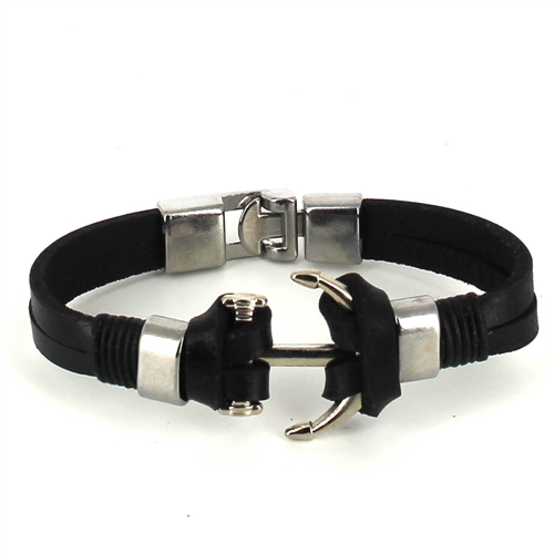 Bracciale in pelle nera con ancora