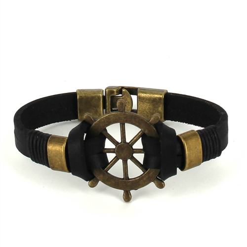 Bracciale in pelle nera con timone