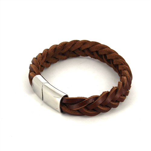 Bracciale in Pelle e Acciaio Intrecciato Marrone