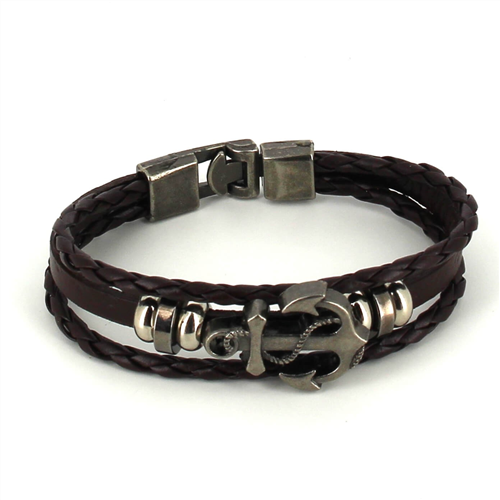 Bracciale intrecciato in pelle marrone scuro con ancora