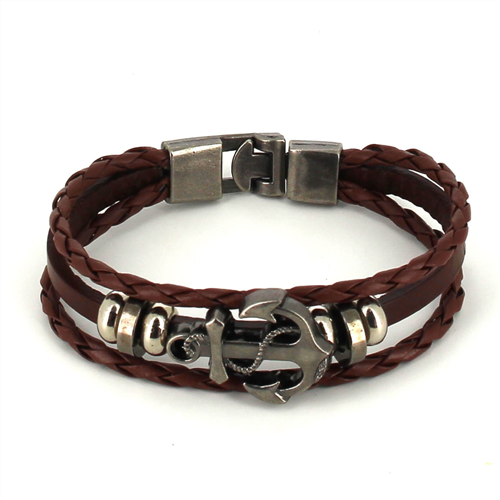 Bracciale intrecciato in pelle marrone con ancora