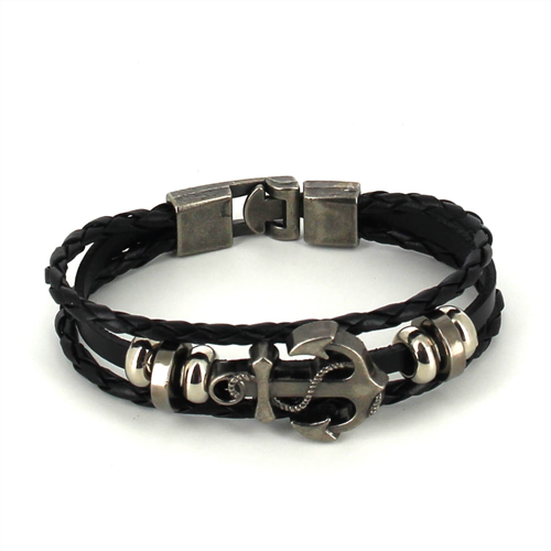Bracciale intrecciato in pelle nera con ancora