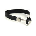 Bracciale in Acciaio e Pelle Nera Liscia con Ancora