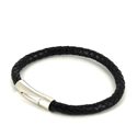 Bracciale in Acciaio e Pelle Nera Cilindrico